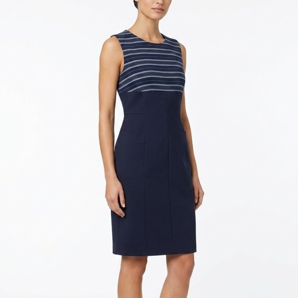 AKRIS PUNTO Striped Sheath Dress Navy Blue Women Size 8 Sleeveless Professional